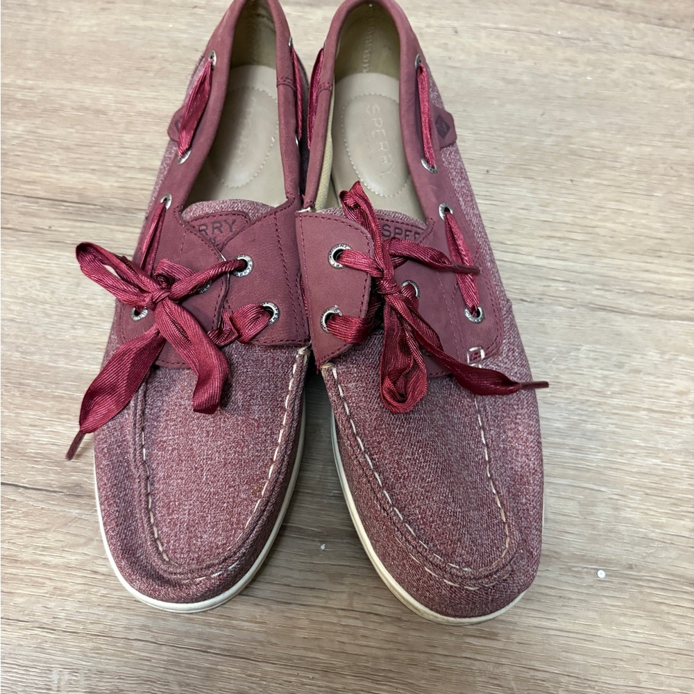 Sperry Burgundy Canvas Boat Shoes with Tan Trim